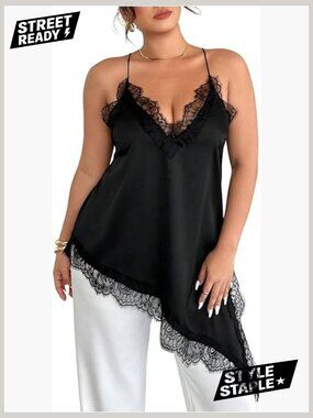 Plus Size Lace Trim V Neck Cami Asymmetrical Tank Top